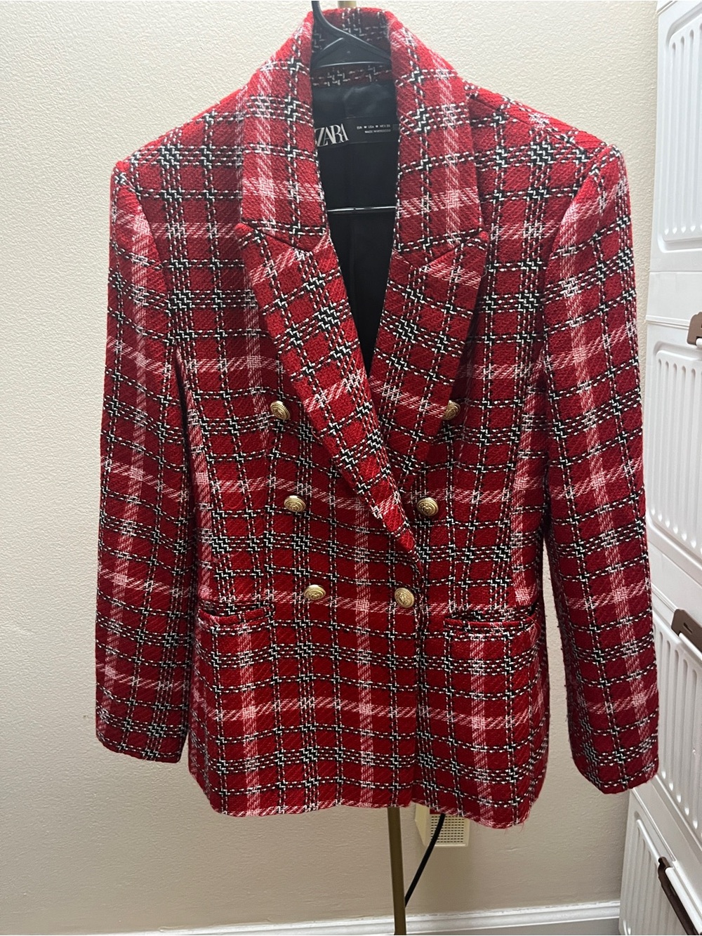 Zara Double-Breasted Red Plaid Women's Blazer